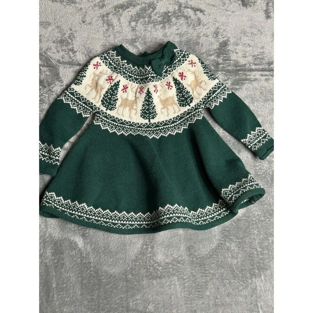 Tahari Infant Green Reindeer Christmas Tree Dress Knit 3-6 Months